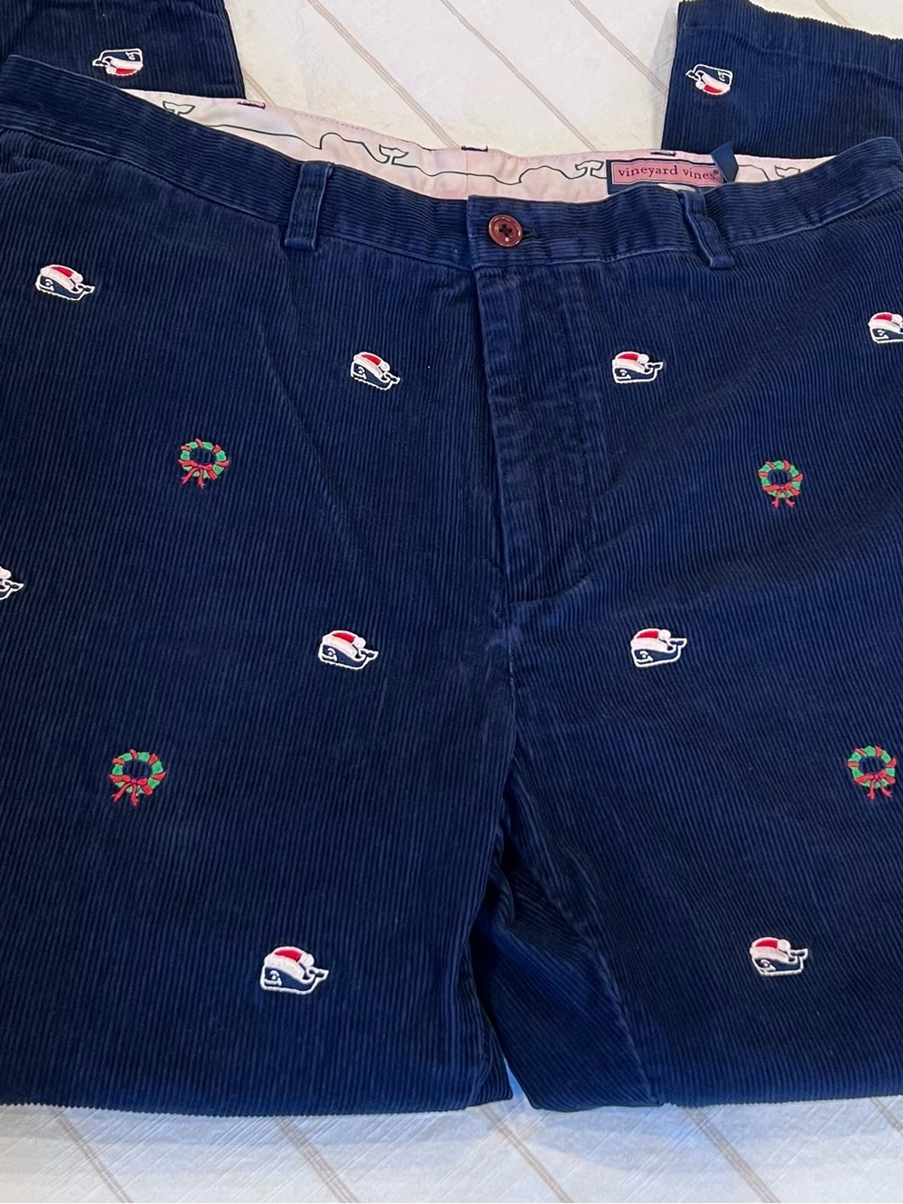 Vineyard Vines Navy Corduroy Pants with Holiday Whale & Wreath Embroidery